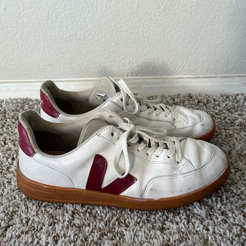 Veja V-12 Leather Open White With Red Sneakers Women’s Size 10 - Picture 2 of 16